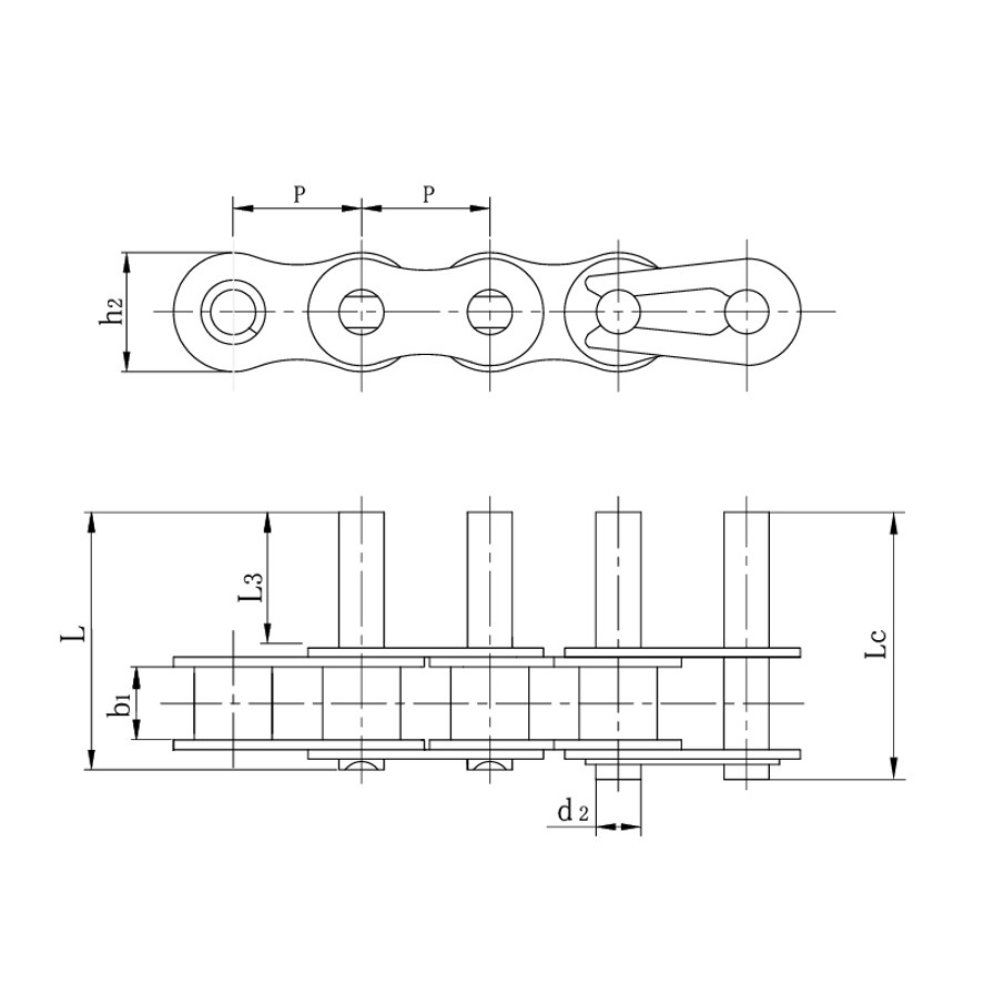 Forlengede stifter for transportbånd med korte pitch
